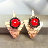 "Brick Work" sterling silver triangle dangles red, black lamp work glass