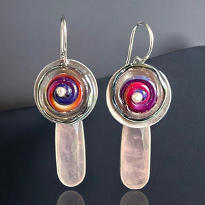 Rose Quartz and Sterling Silver Dangle Earrings with gorgeous lamp work glass