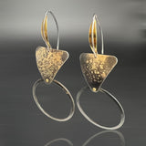 "Edgy elegance"....modern steel, 22K gold circle triangle dangles