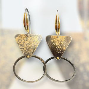 "Edgy elegance"....modern steel, 22K gold circle triangle dangles