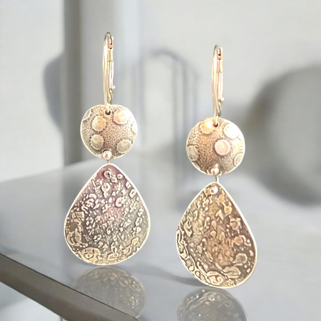 Etched sterling silver tear drop polka dot dangles