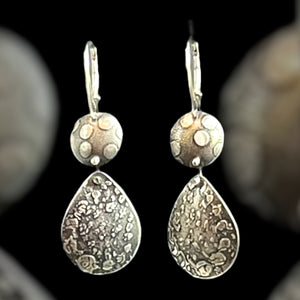 Etched sterling silver tear drop polka dot dangles