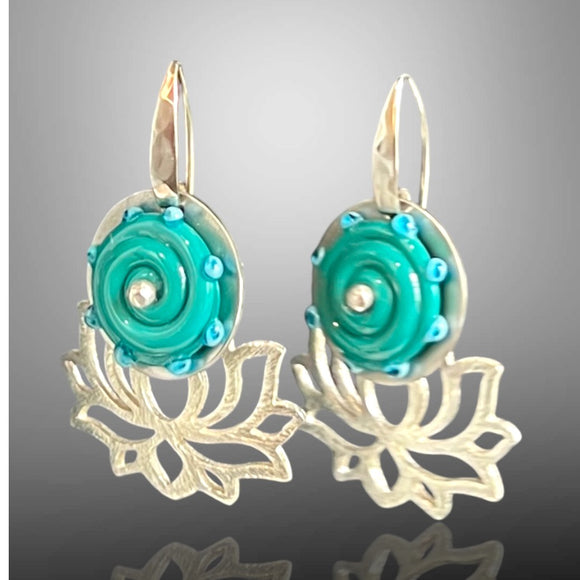 Garden Party Silver Lotus Dangles, Turquoise Glass