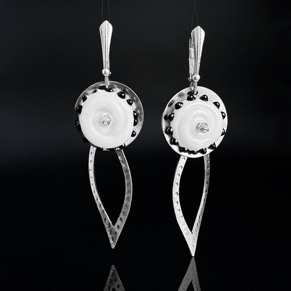 Black and White Glass Flower Dangles Steel, Sterling Lever Backs