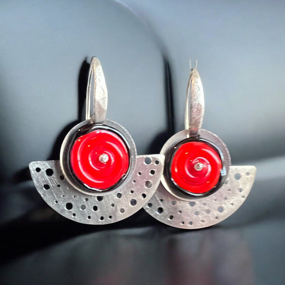 Stainless Steel Polka Dot Half Moon Kinetic Dangles, Red/Black Accents