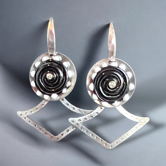 Kinetic angular and geometric bold black/white/silver dangle earrings