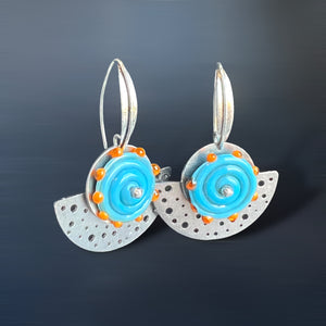 Stainless Steel Polka Dot Half Moon Kinetic Dangles, Turquoise/Orange Accents