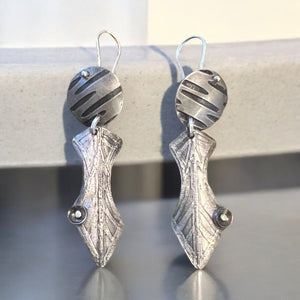 Contemporary steel, sterling hand painted and etched dangles