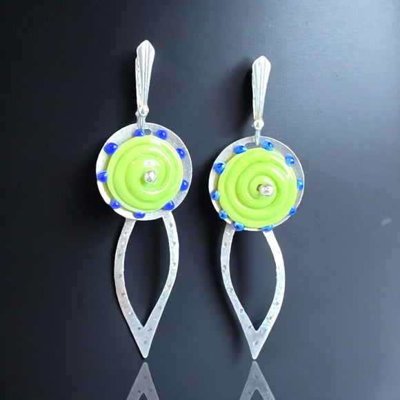 Lime Green and Blue Glass Flower Dangles Steel, Sterling Lever Backs