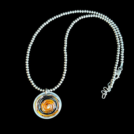 Architectural Sterling Silver Pendant Necklace – Black & Golden Glass OOAK