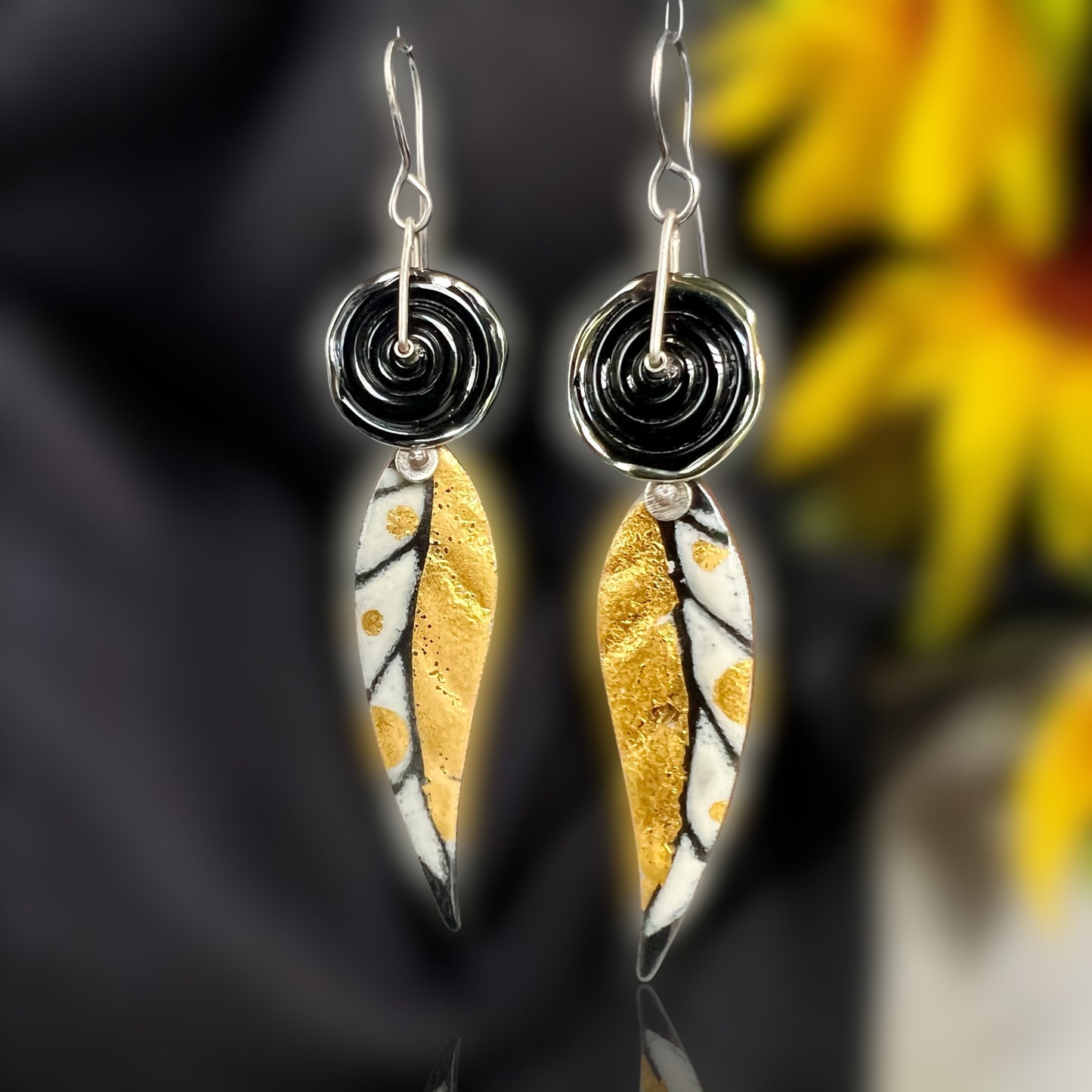 Statement leaf shape vitreous enamel /24K gold/sterling silver earrings