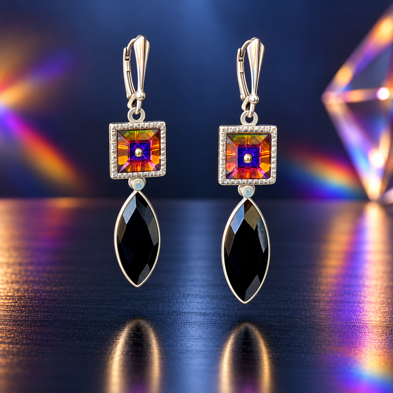 Swarovski crystal drop earrings with colorful violet, magenta, amber and orange square crystals in textured silver-tone bezels, glossy black faceted drops, and silver lever back ear wires.