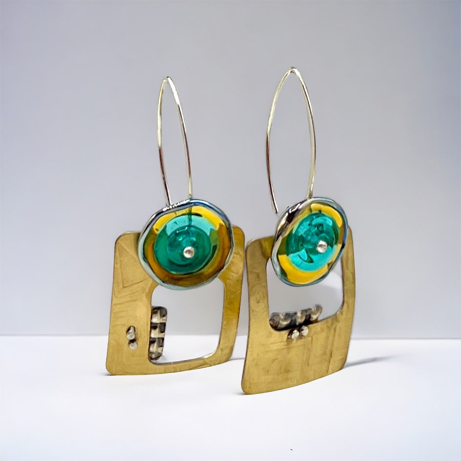 Contemporary brass, sterling silver and lamp work glass earrings