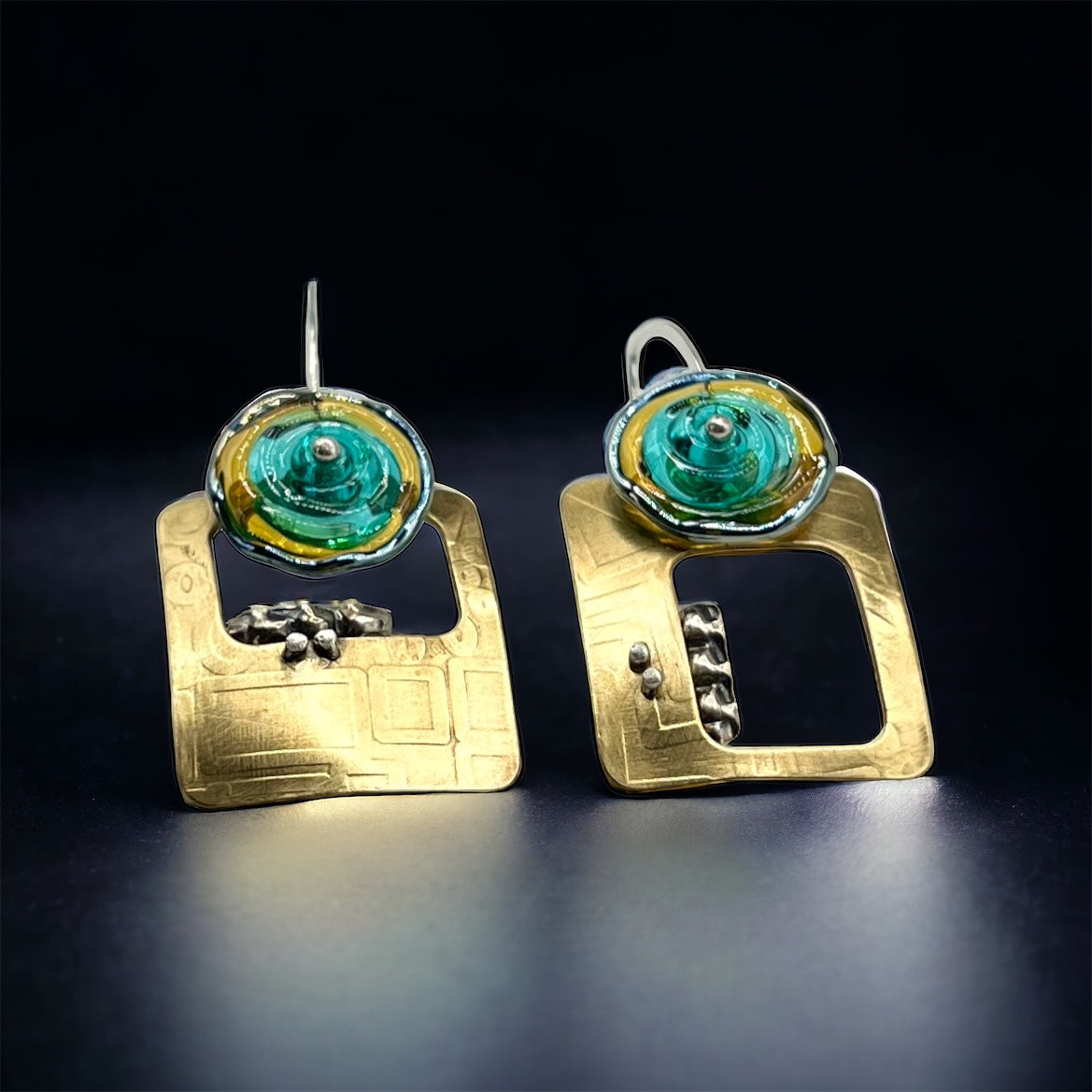 Contemporary brass, sterling silver and lamp work glass earrings