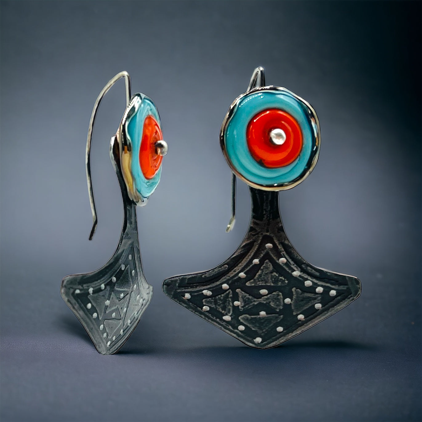 Art deco flair fan shape steel dangles black, turquoise, orange