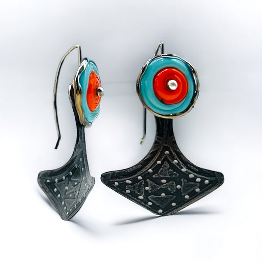 Art deco flair fan shape steel dangles black, turquoise, orange