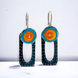 Art deco geometric steel dangles black, orange, turquoise