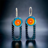 Art deco geometric steel dangles black, orange, turquoise