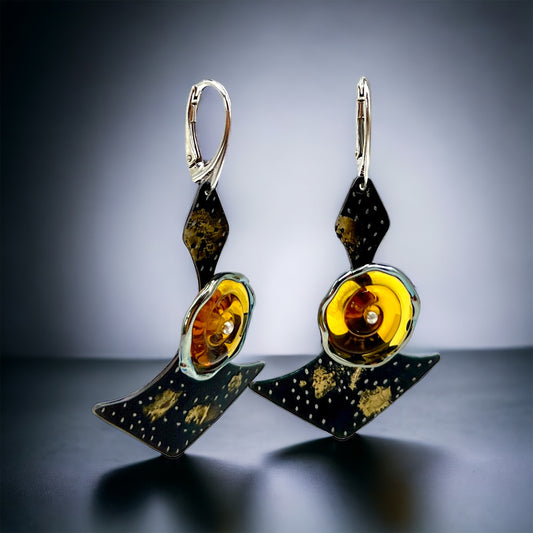 Dark starry night steel dangles black, fused 22K gold