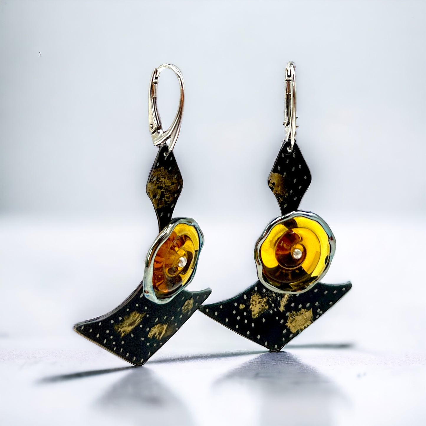 Dark starry night steel dangles black, fused 22K gold