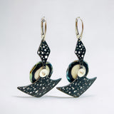 Dark starry night steel dangles black, pearly white glass