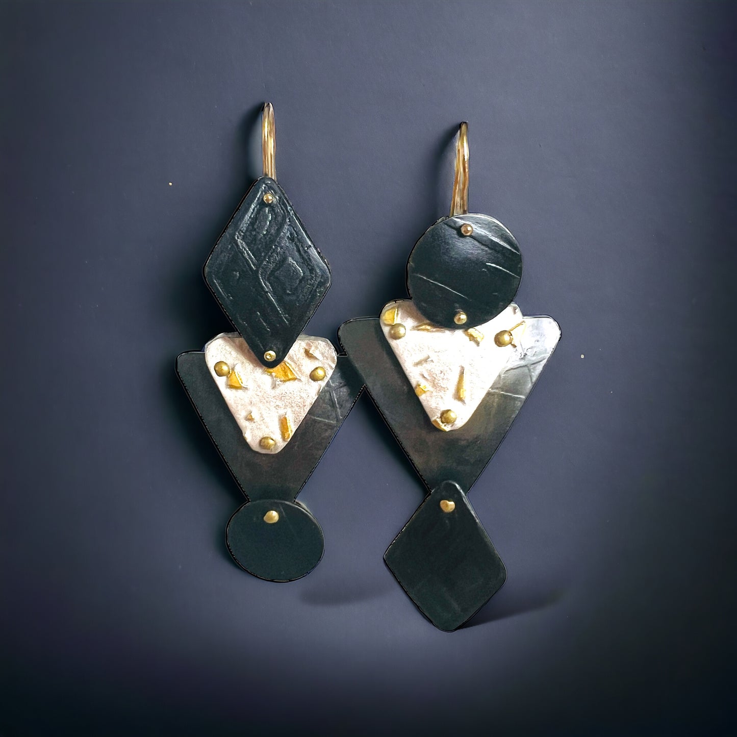 Geometric shape dangle earrings in steel, sterling and 24K gold