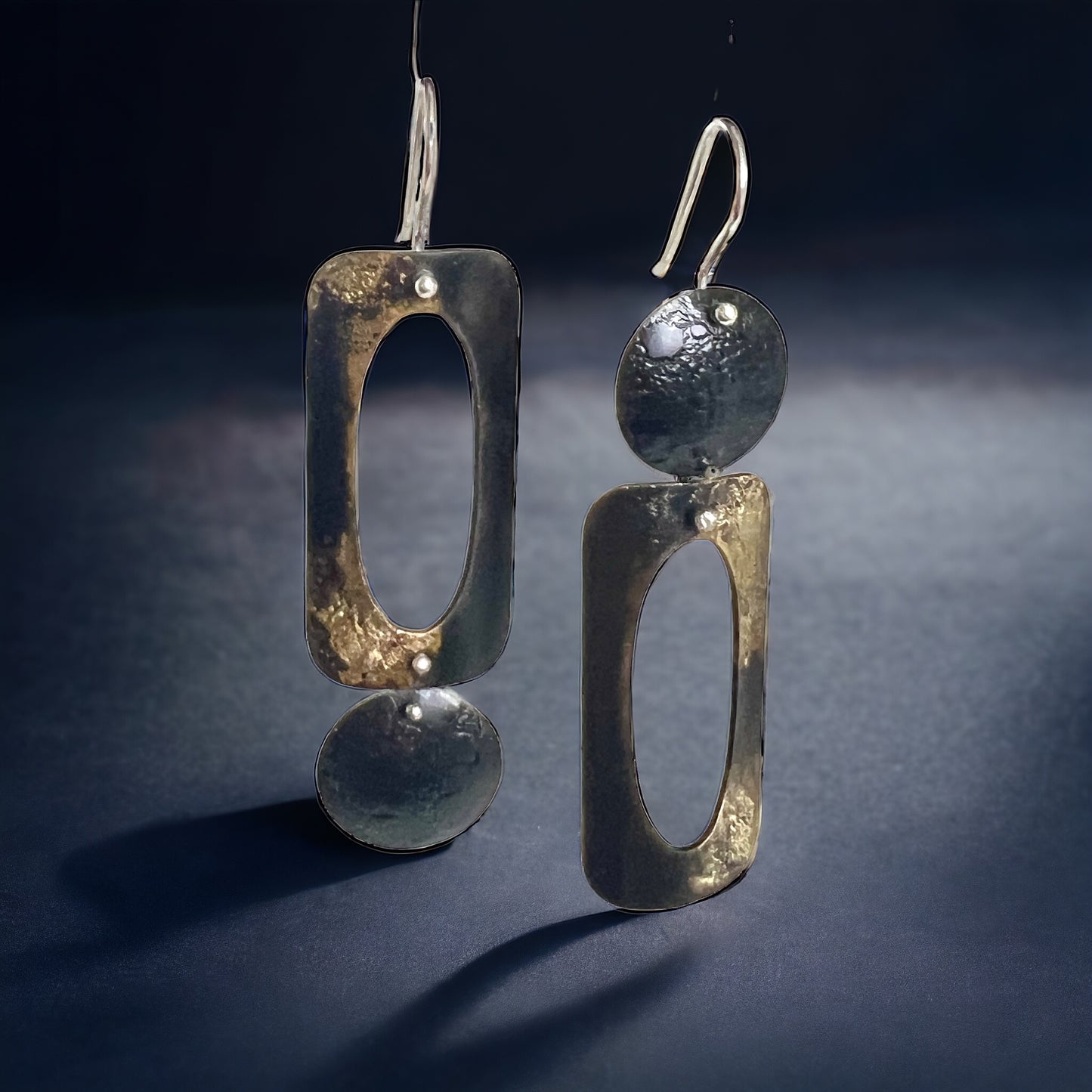 Modern steel and 22K gold asymmetrical geometric dangle earrings #2