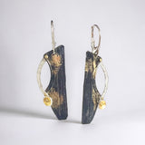 "Golden Asteroid 2"....steel, sterling, 22K and 24K gold dangle earrings