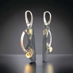 "Golden Asteroid 2"....steel, sterling, 22K and 24K gold dangle earrings