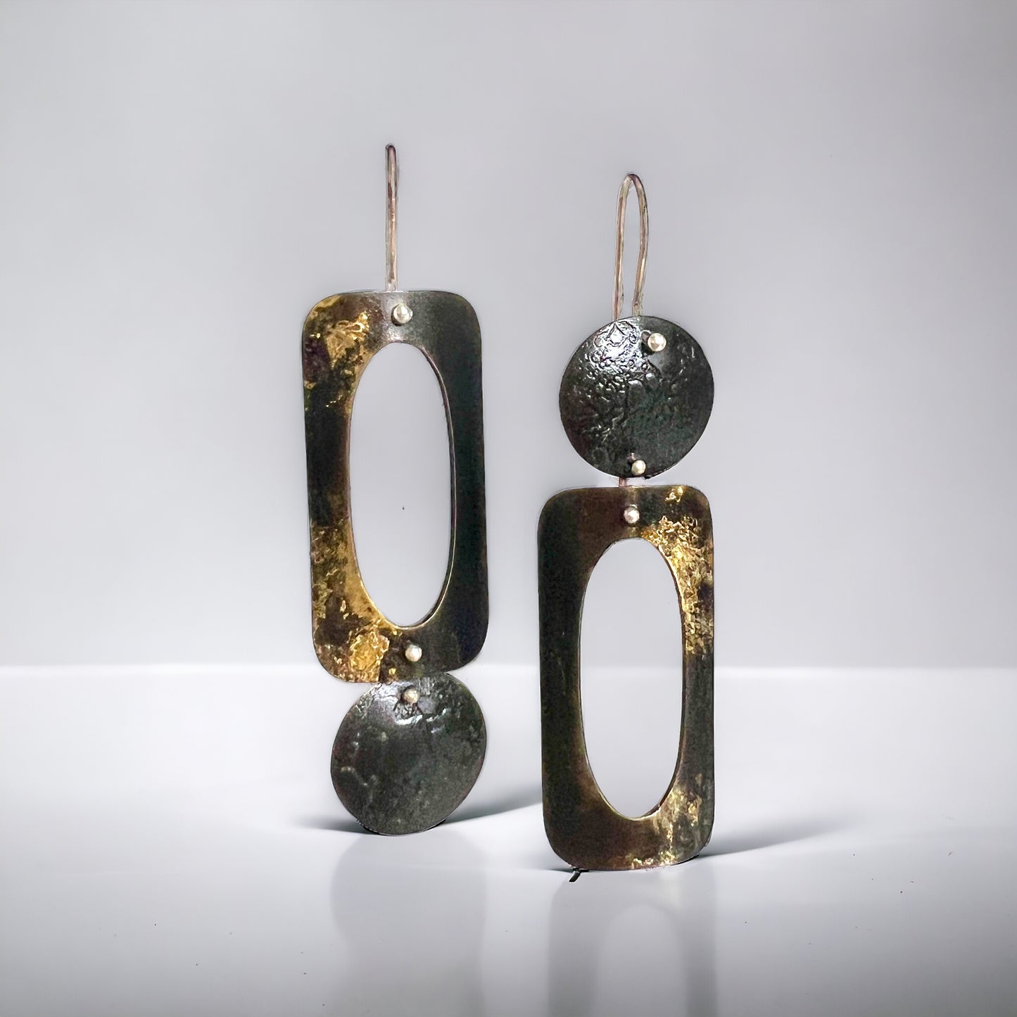 Modern steel and 22K gold asymmetrical geometric dangle earrings #3