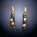 "Polka Dots" Bold black steel, fine silver and 24K gold short dangle earrings