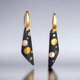 "Polka Dots" Bold black steel, fine silver and 24K gold short dangle earrings