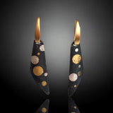 "Polka Dots" Bold black steel, fine silver and 24K gold short dangle earrings