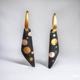 "Polka Dots" Bold black steel, fine silver and 24K gold short dangle earrings