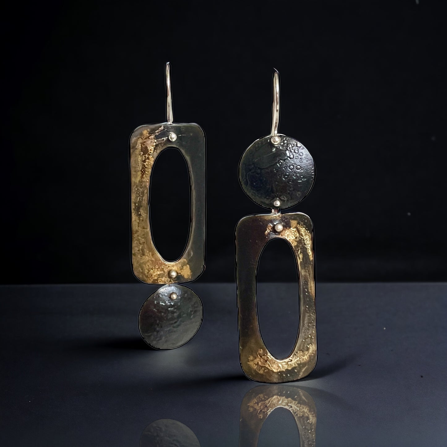 Modern steel and 22K gold asymmetrical geometric dangle earrings #1