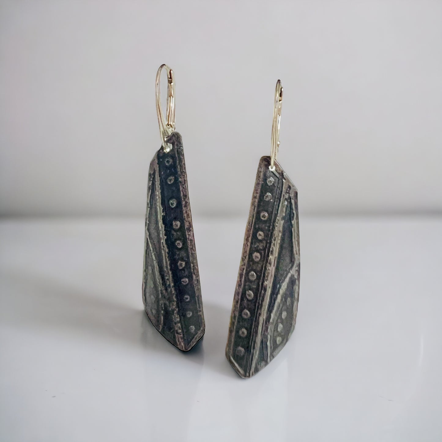 "Textural Interest Triangles"....contemporary steel long dangles