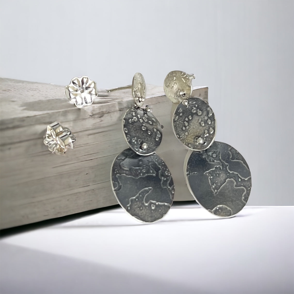 Sterling Silver Etched 3 Tier Oval Post Dangle Earrings