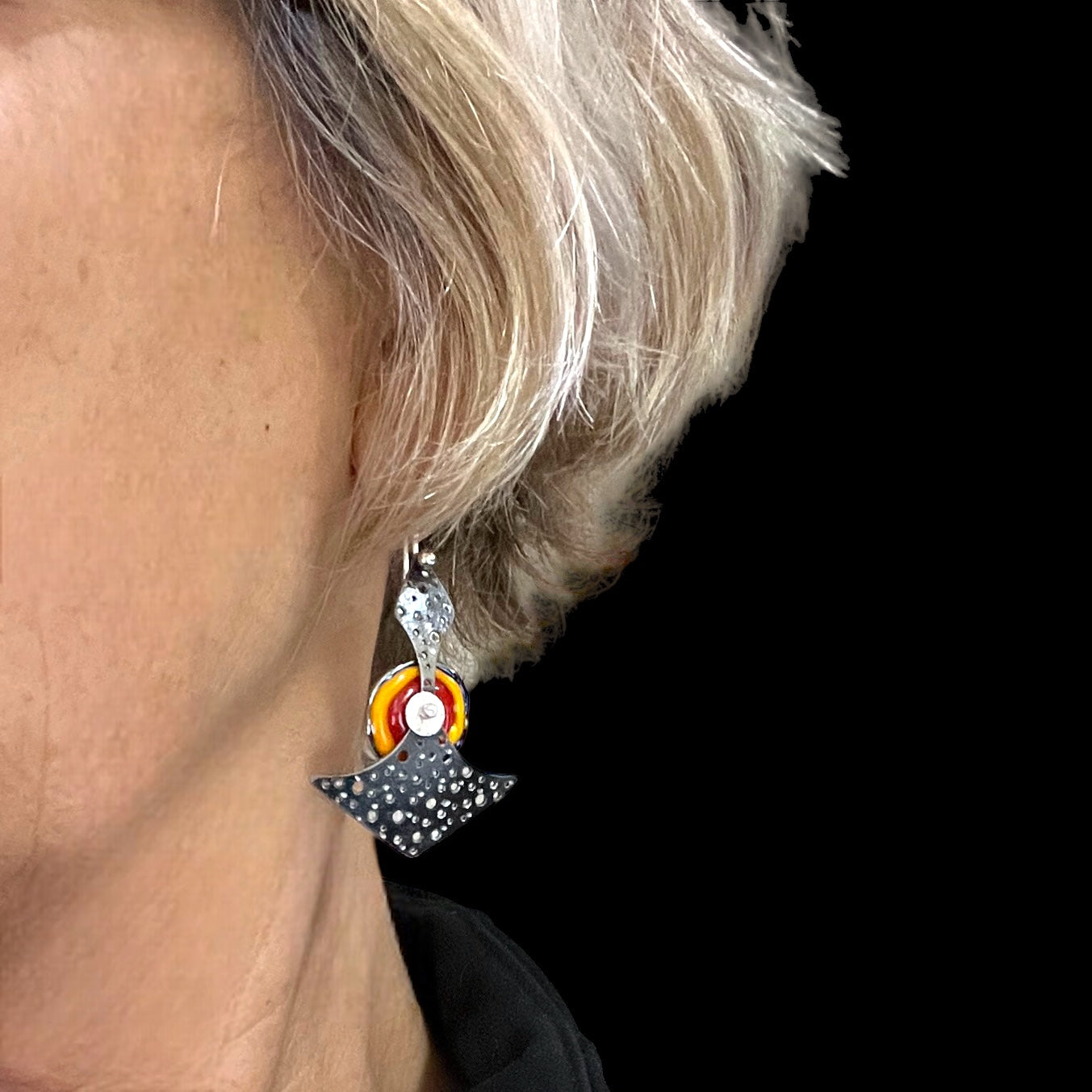 Dark starry night steel dangles black, red, orange