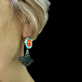 Art deco flair fan shape steel dangles black, turquoise, orange