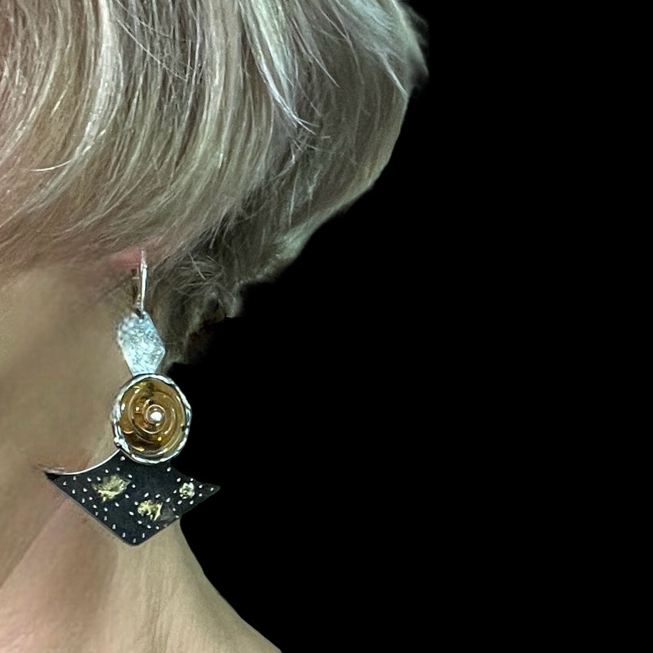 Dark starry night steel dangles black, fused 22K gold