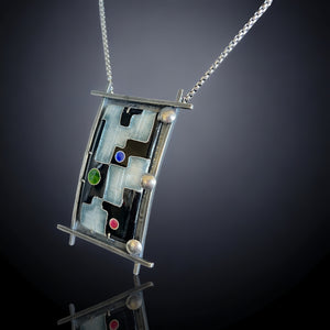 Geometric Black/White Contemporary Cloisonné Enamel and Sterling Silver Pendant