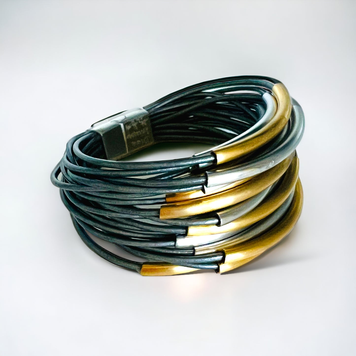 Multi-strand leather, stainless steel,  24K gold unisex wrap bracelet
