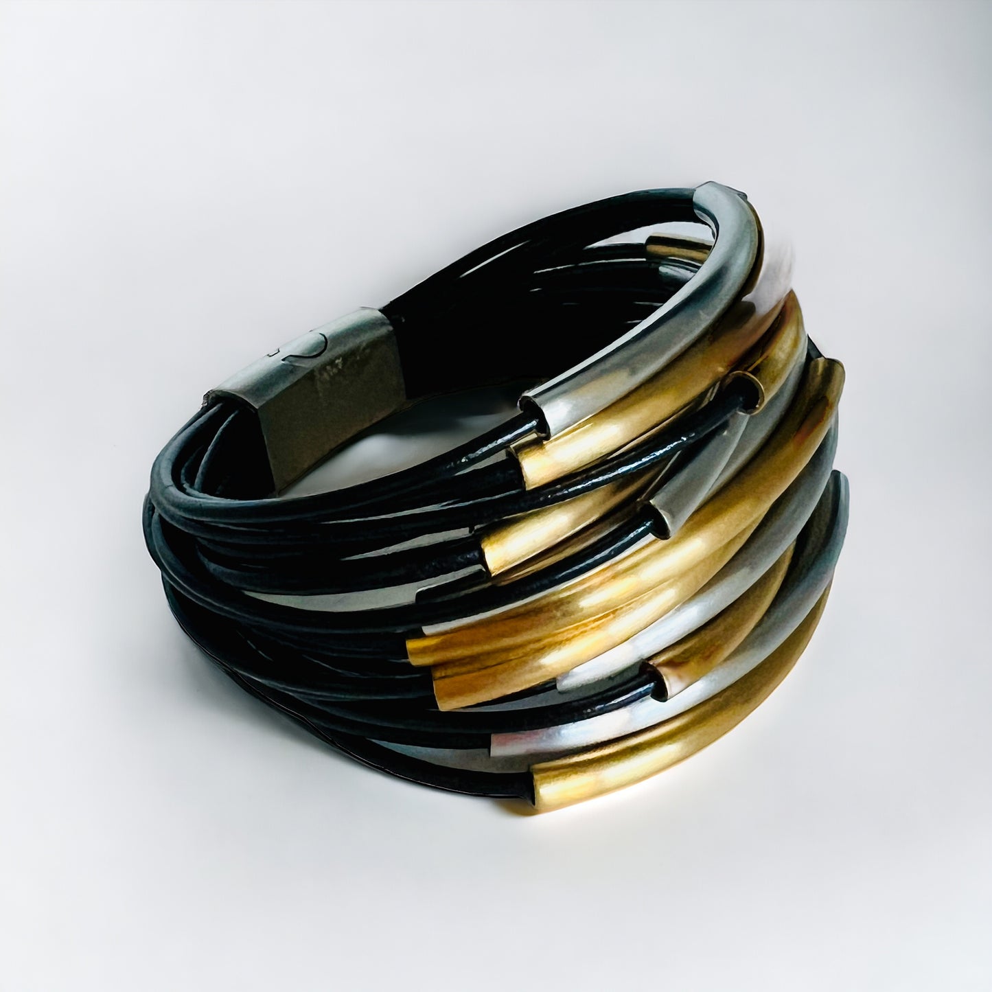 Multi-strand leather, stainless steel,  24K gold unisex wrap bracelet