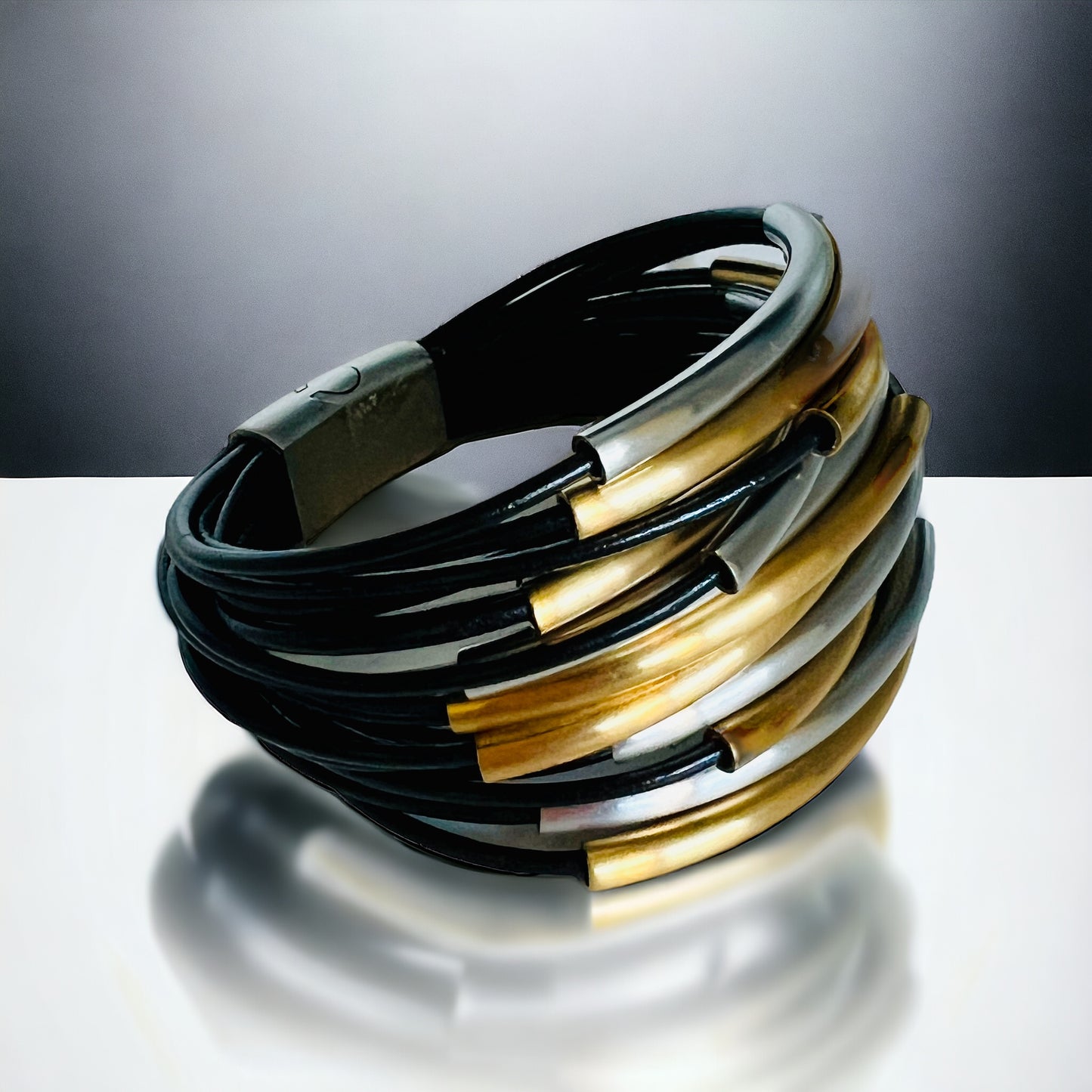 Multi-strand leather, stainless steel,  24K gold unisex wrap bracelet