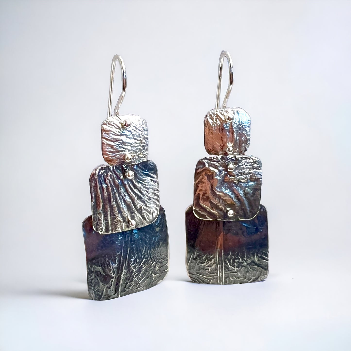 3 part geometric dangles gorgeous textured sterling silver