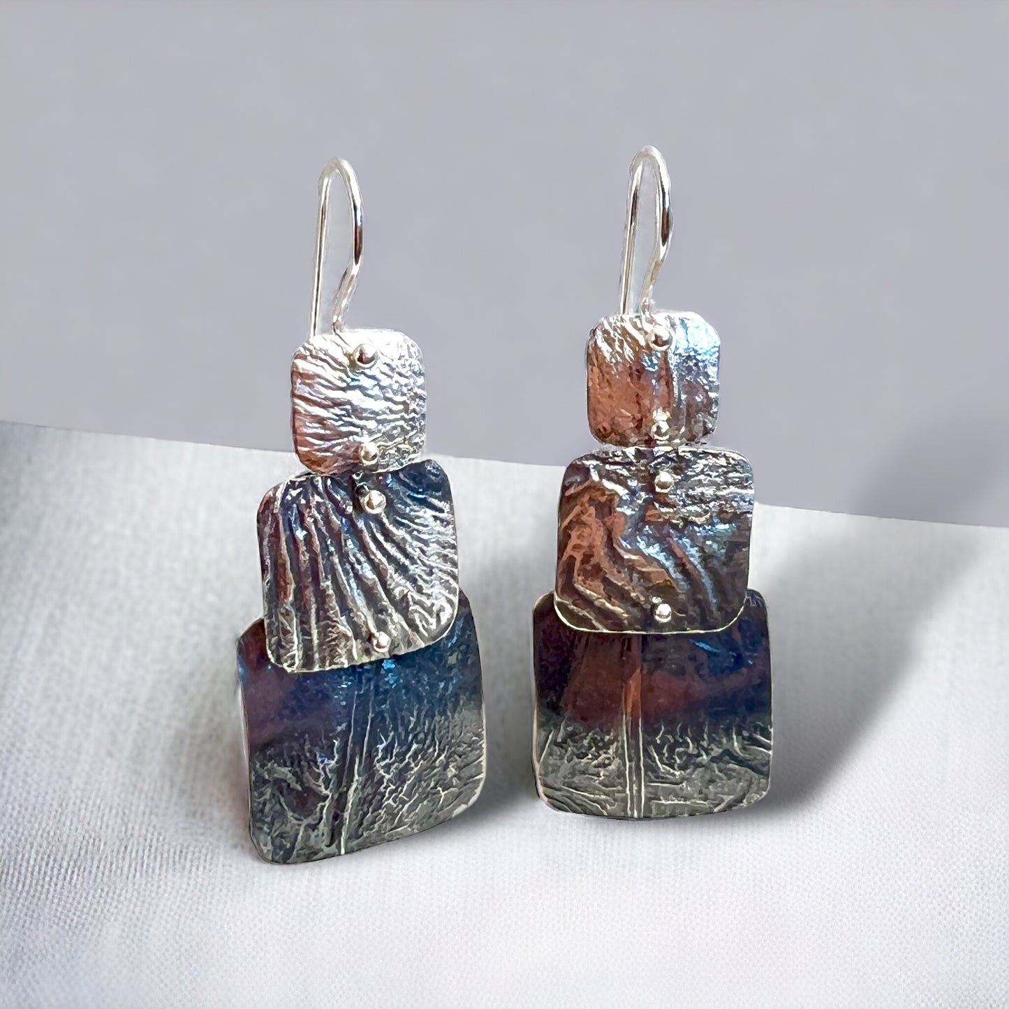 3 part geometric dangles gorgeous textured sterling silver