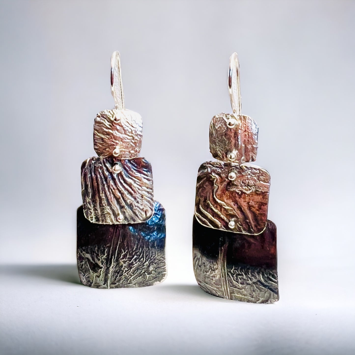 3 part geometric dangles gorgeous textured sterling silver