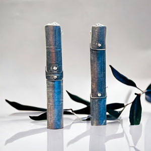 Bamboo column long and slender oxidized post dangles in sterling