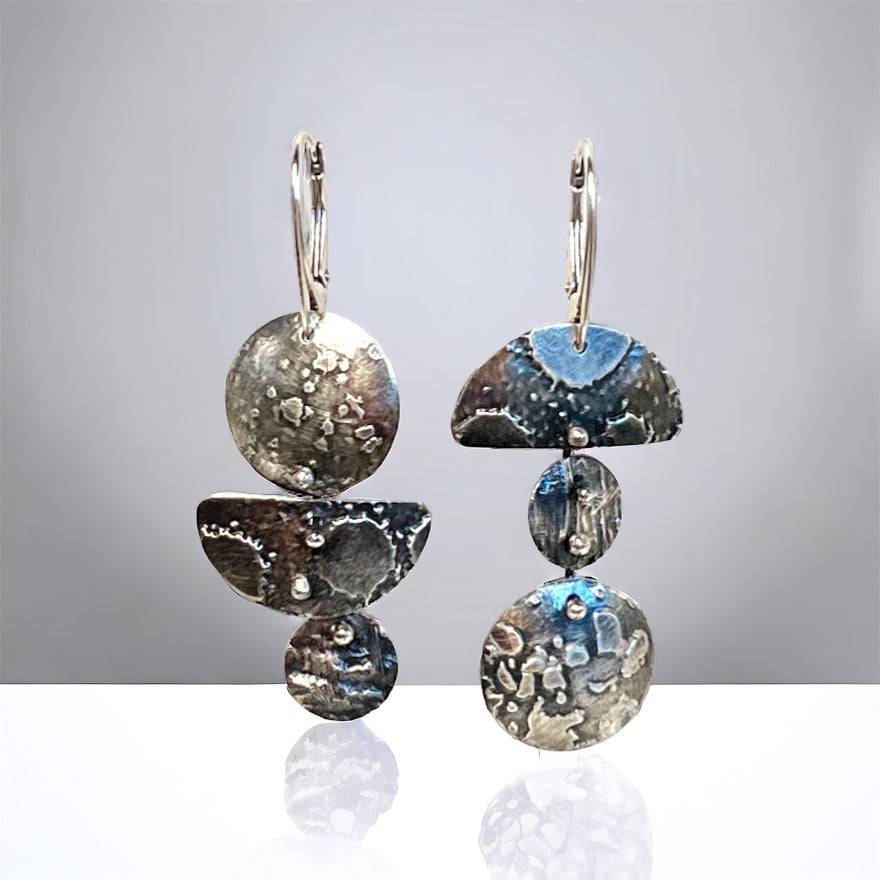 3 part 1/2 moon and circle asymmetrical dangles reticulated sterling silver 3