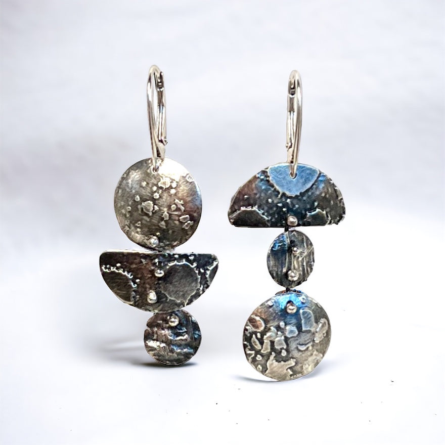 3 part 1/2 moon and circle asymmetrical dangles reticulated sterling silver 3